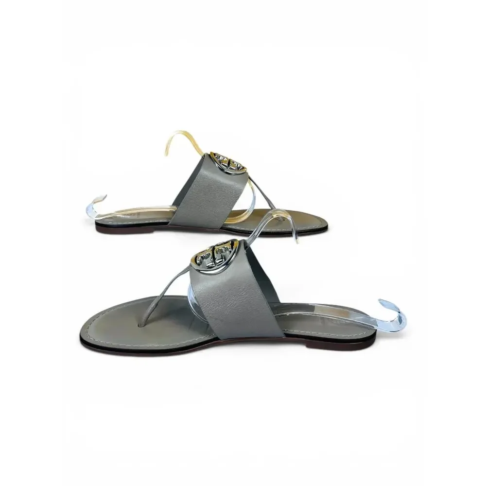 Tory Burch Benton Band Gray Heron Silver Leather Thong Sandals Size 10